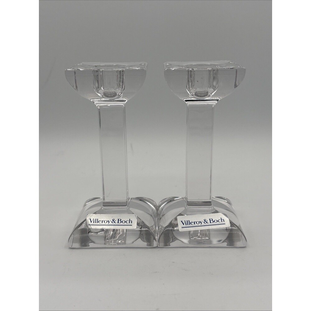 Villeroy & Boch Pair 4.75” Heavy  Lead Crystal Taper Candle Holders Square Base